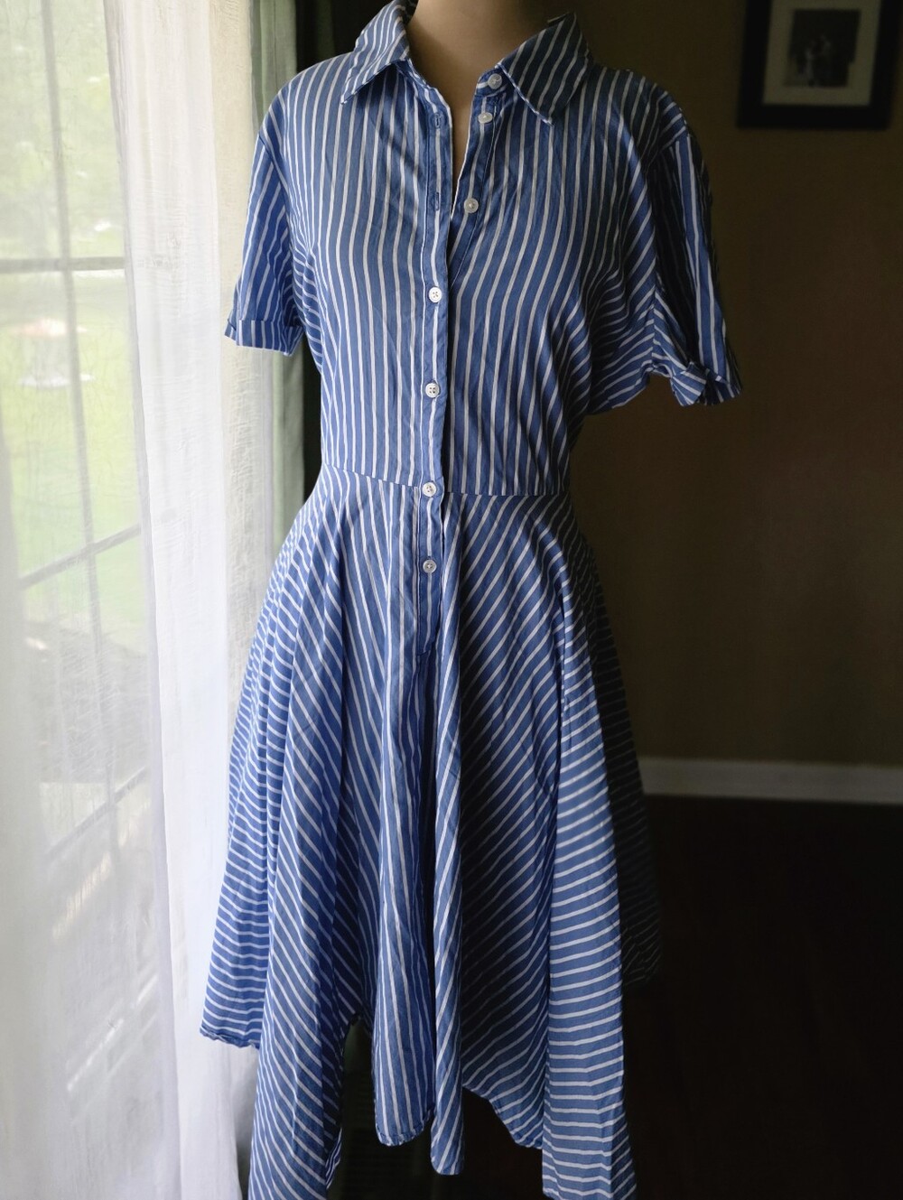 Ivy + Blu Striped Dress Size 16 Blue White Short Sleeve Cotton Waist Tie‎ Midi